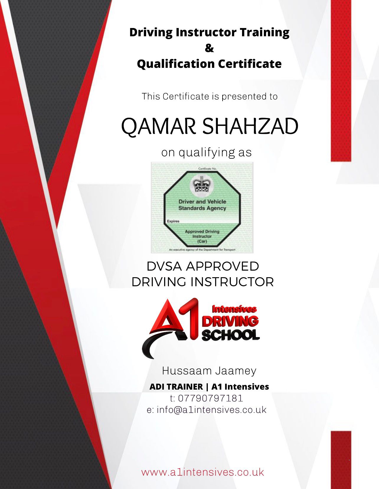ADI/PDI driving instructor qualification pass certificate 1 - A1 Intensives