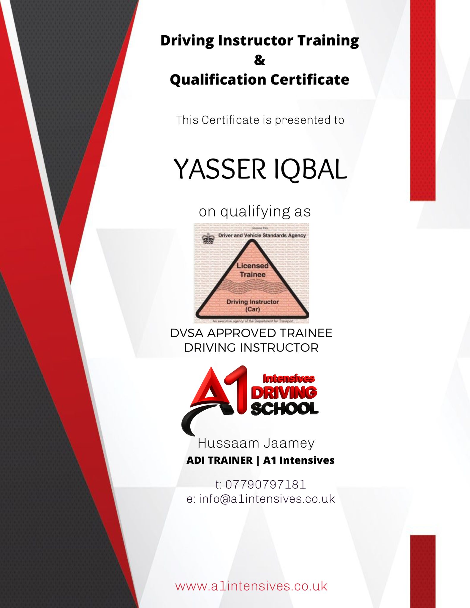 ADI/PDI driving instructor qualification pass certificate 7 - A1 Intensives
