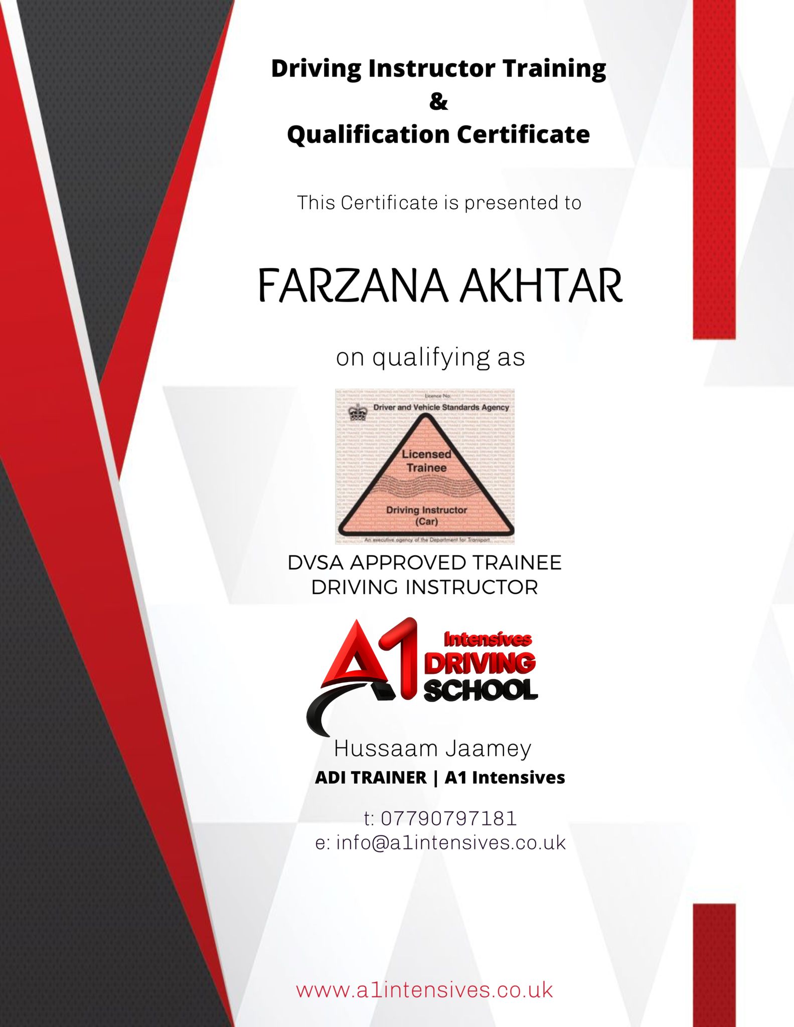 ADI/PDI driving instructor qualification pass certificate 12 - A1 Intensives