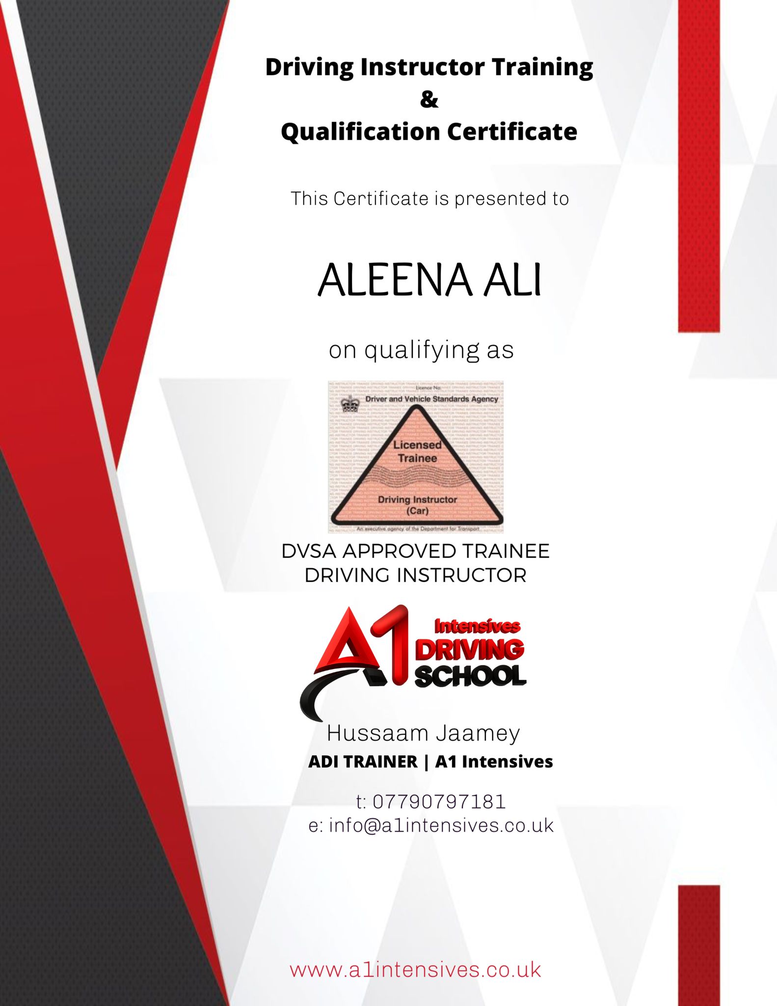 ADI/PDI driving instructor qualification pass certificate 13 - A1 Intensives