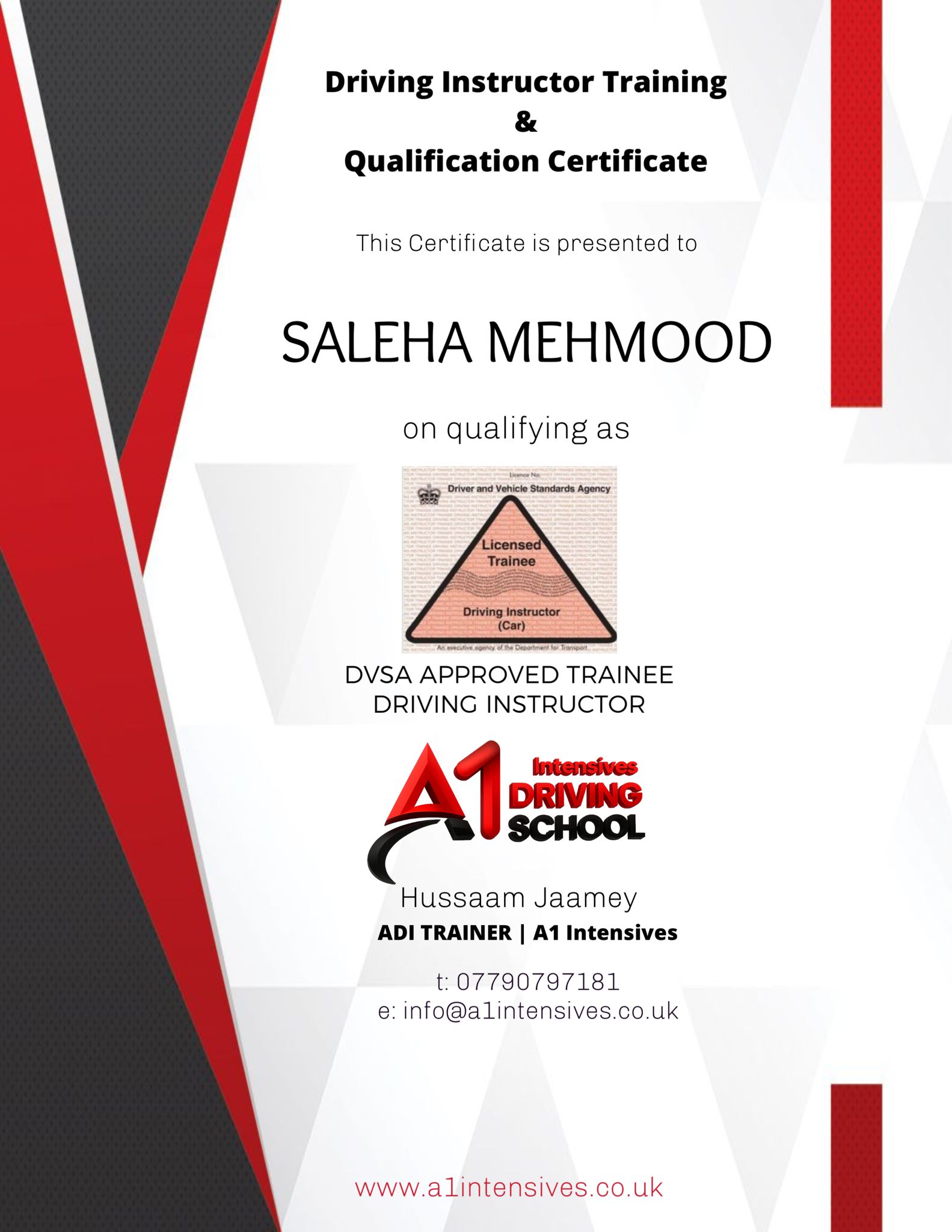 ADI/PDI driving instructor qualification pass certificate 14 - A1 Intensives